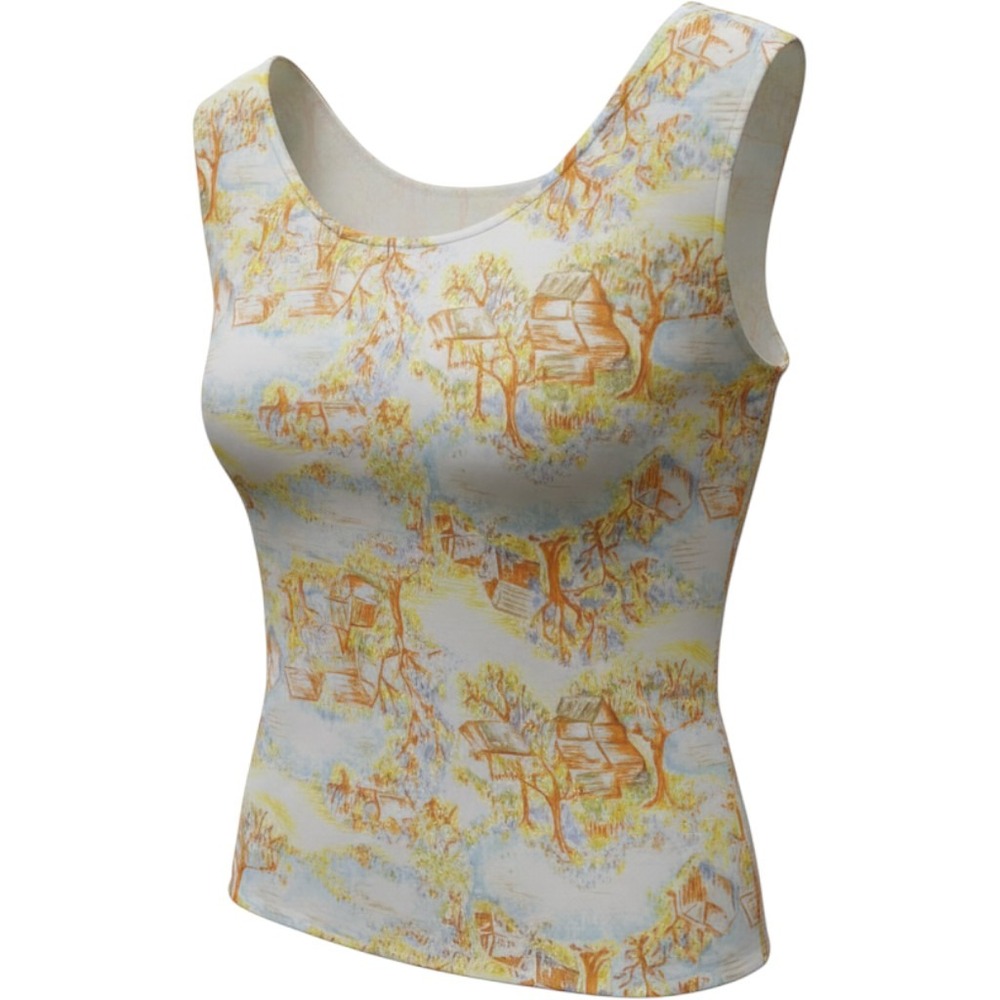 Vintage Scenic Landscape Print Sleeveless Knit Top Orange Yellow Blue Small